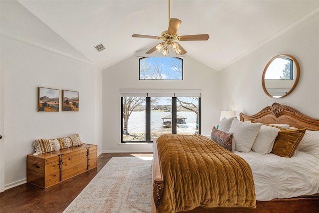 bedroom with high vaulted ceiling, ceiling fan, baseboards, and visible vents