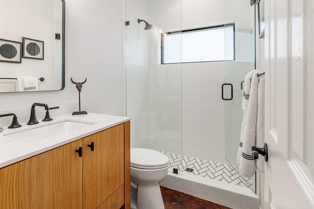 bathroom with toilet, vanity, and a stall shower