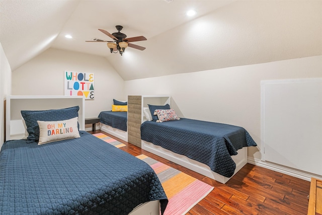 bedroom with ceiling fan, vaulted ceiling, recessed lighting, hardwood / wood-style floors, and baseboards