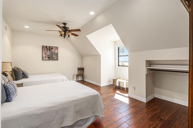 bedroom featuring baseboards, recessed lighting, a ceiling fan, visible vents, and dark wood finished floors