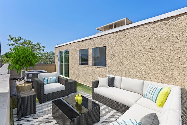 deck featuring an outdoor living space, a patio, and cooling unit