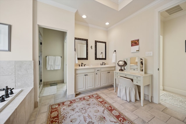 full bath with vanity, ornamental molding, recessed lighting, visible vents, and a garden tub