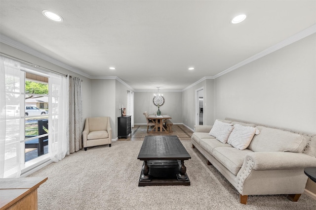 carpeted living room featuring crown molding, baseboards, recessed lighting, and a notable chandelier