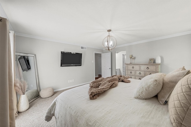 carpeted bedroom with a notable chandelier, visible vents, and ornamental molding