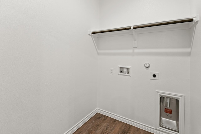 washroom featuring laundry area, dark wood finished floors, gas dryer hookup, hookup for an electric dryer, and hookup for a washing machine