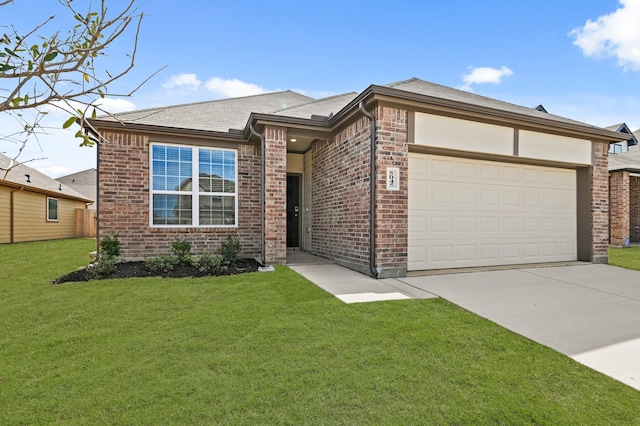 single story home with brick siding, a front lawn, a garage, and concrete driveway