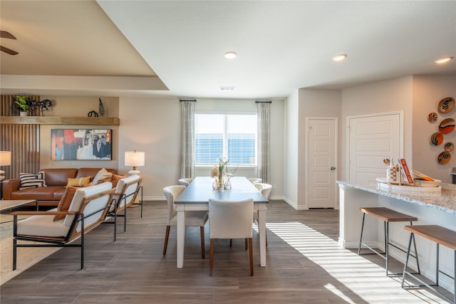 5045 Cervinae Rd, Fort Worth, TX 76036 - dining space featuring baseboards, recessed lighting, dark wood-style flooring, and ceiling fan