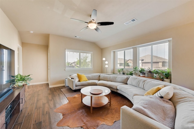 754 Brookline Dr, Lavon, TX 75166 - living room with hardwood / wood-style floors, baseboards, a ceiling fan, and vaulted ceiling