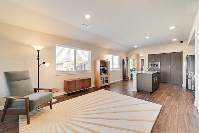 754 Brookline Dr, Lavon, TX 75166 - kitchen with stainless steel appliances, arched walkways, a kitchen island with sink, dark wood-type flooring, and dark brown cabinets
