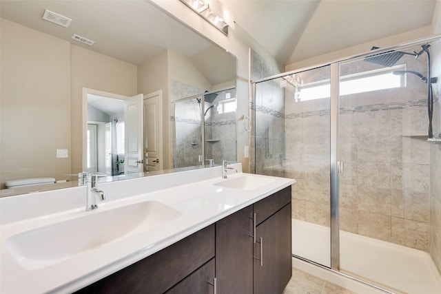 754 Brookline Dr, Lavon, TX 75166 - full bath featuring vaulted ceiling, a shower stall, double vanity, and toilet
