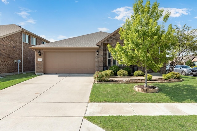 754 Brookline Dr, Lavon, TX 75166 - view of front of home featuring a garage, driveway, brick siding, a front yard, and a shingled roof