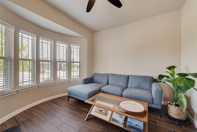 754 Brookline Dr, Lavon, TX 75166 - living area with a ceiling fan, dark wood-style floors, and baseboards