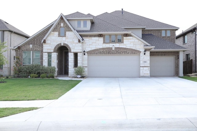 206 Lakewood Ln, Ponder, TX 76259 - french country home featuring stone siding, driveway, a front yard, and roof with shingles