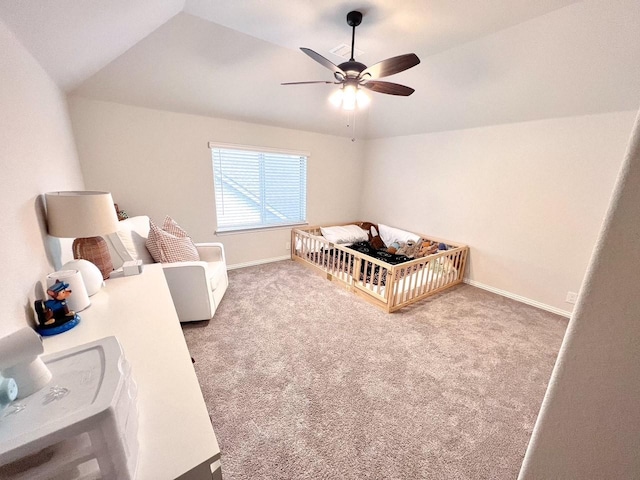 206 Lakewood Ln, Ponder, TX 76259 - carpeted bedroom with a nursery area, baseboards, a ceiling fan, and lofted ceiling