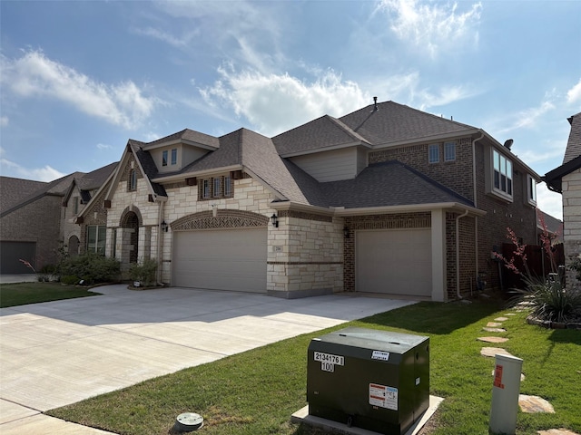 206 Lakewood Ln, Ponder, TX 76259 - french country inspired facade featuring concrete driveway, stone siding, a front yard, roof with shingles, and an attached garage