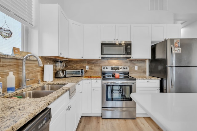 kitchen featuring tasteful backsplash, white cabinets, visible vents, appliances with stainless steel finishes, and a sink