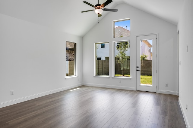 1538 Ginger Ln, Argyle, TX 76226 - unfurnished room with ceiling fan, dark wood-style floors, baseboards, and high vaulted ceiling