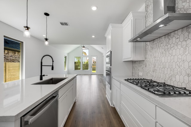 1538 Ginger Ln, Argyle, TX 76226 - kitchen with wall chimney exhaust hood, a sink, appliances with stainless steel finishes, tasteful backsplash, and ceiling fan