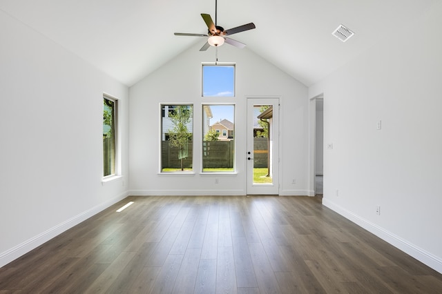 1538 Ginger Ln, Argyle, TX 76226 - spare room featuring ceiling fan, dark wood-type flooring, baseboards, and high vaulted ceiling