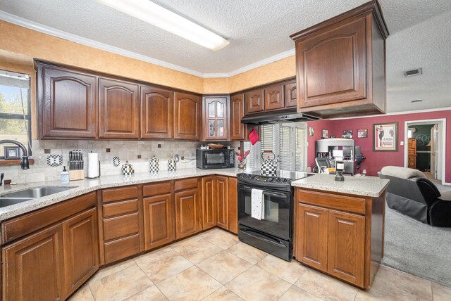 1128 Mason Dr, Hurst, TX 76053 - kitchen featuring under cabinet range hood, a sink, a textured ceiling, and black appliances