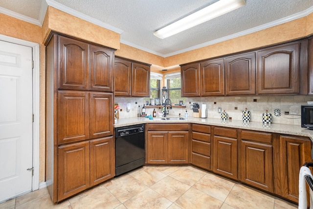 1128 Mason Dr, Hurst, TX 76053 - kitchen featuring dishwasher, a sink, a textured ceiling, crown molding, and backsplash