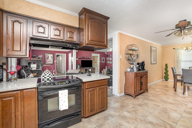 1128 Mason Dr, Hurst, TX 76053 - kitchen with ceiling fan with notable chandelier, electric range, ornamental molding, under cabinet range hood, and light countertops