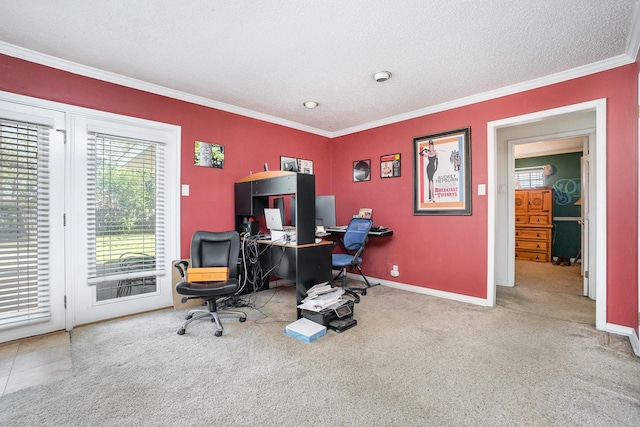 1128 Mason Dr, Hurst, TX 76053 - home office with carpet, baseboards, crown molding, and a textured ceiling