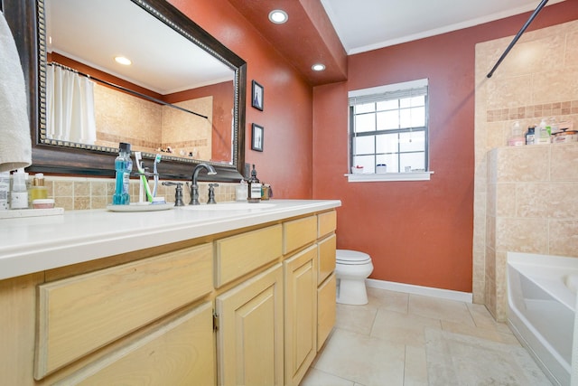 1128 Mason Dr, Hurst, TX 76053 - bathroom with a tub, crown molding, toilet, a shower with shower curtain, and tile patterned floors