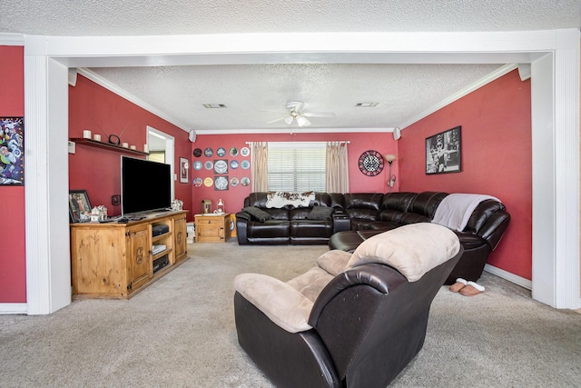 1128 Mason Dr, Hurst, TX 76053 - carpeted living area featuring a textured ceiling, ceiling fan, and ornamental molding