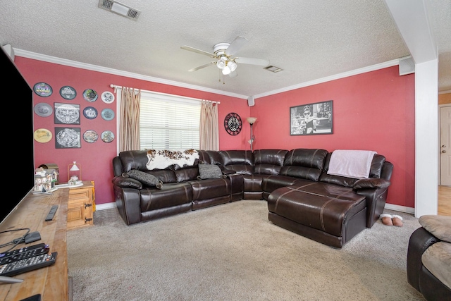 1128 Mason Dr, Hurst, TX 76053 - living area featuring carpet, visible vents, ornamental molding, and ceiling fan