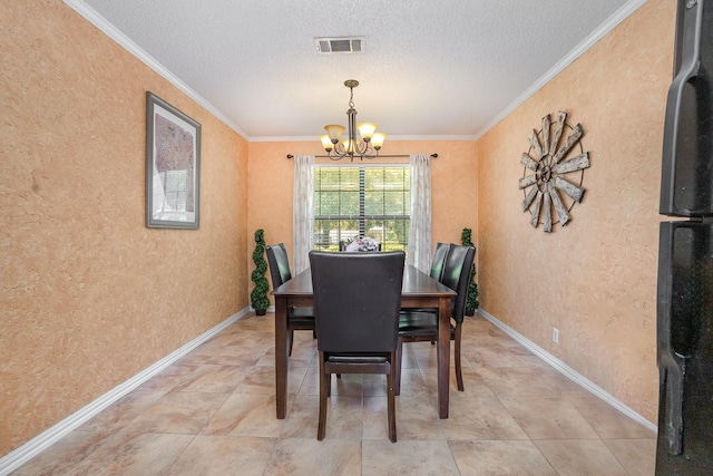 1128 Mason Dr, Hurst, TX 76053 - dining area with visible vents, baseboards, a notable chandelier, a textured ceiling, and crown molding