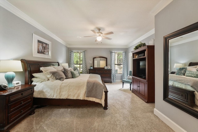 3604 Post Oak Trl, Corinth, TX 76210 - bedroom with light carpet, crown molding, baseboards, and ceiling fan