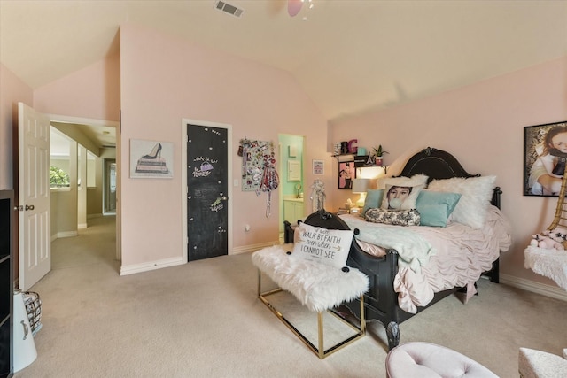 3604 Post Oak Trl, Corinth, TX 76210 - bedroom featuring vaulted ceiling, light carpet, baseboards, and connected bathroom