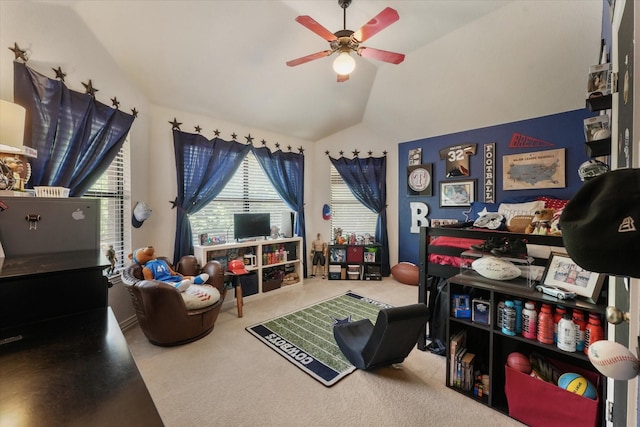 3604 Post Oak Trl, Corinth, TX 76210 - recreation room featuring vaulted ceiling, a ceiling fan, and carpet