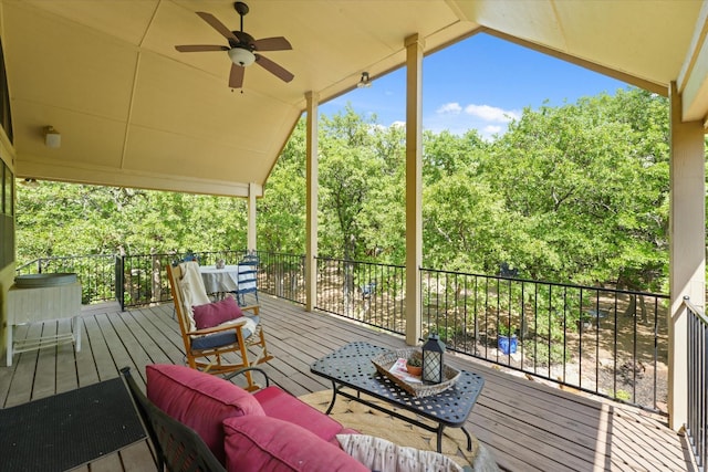 3604 Post Oak Trl, Corinth, TX 76210 - deck with a ceiling fan and view of wooded area