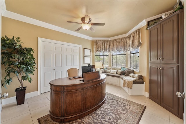 3604 Post Oak Trl, Corinth, TX 76210 - office area featuring a ceiling fan, light tile patterned floors, crown molding, and baseboards