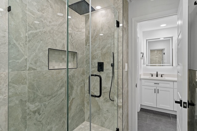 bathroom featuring tile patterned floors, a stall shower, and vanity