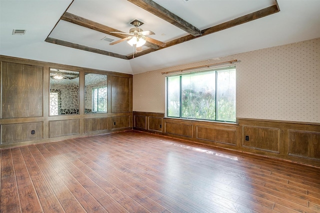 6809 River Bend Rd, Fort Worth, TX 76132 - empty room with ceiling fan, visible vents, wainscoting, hardwood / wood-style flooring, and wallpapered walls