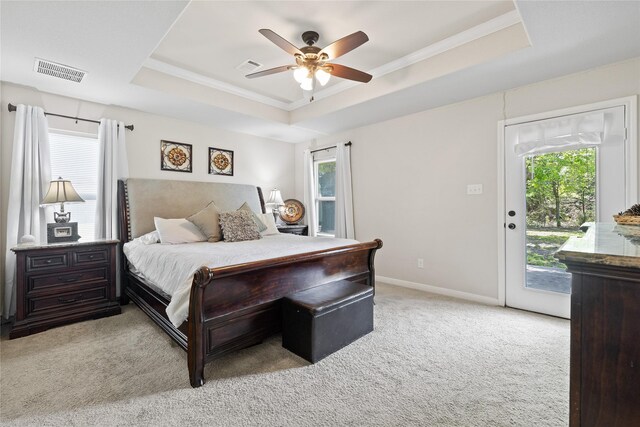 10908 County Road 442, Princeton, TX 75407 - bedroom with visible vents, access to outside, a tray ceiling, and light colored carpet