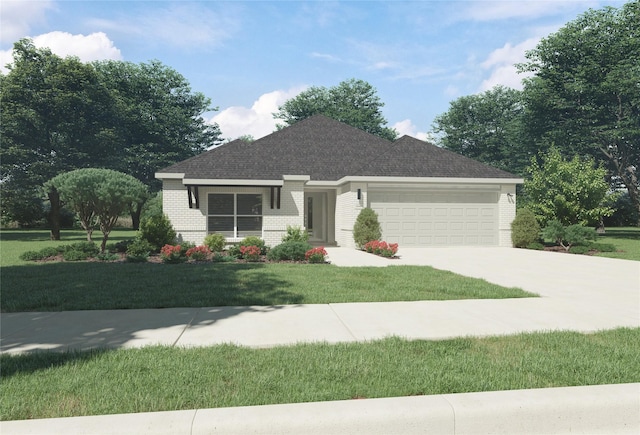 view of front of home featuring a shingled roof, a garage, concrete driveway, brick siding, and a front lawn