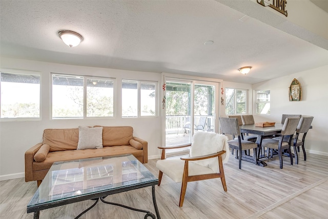 2520 Long Creek Ct, Granbury, TX 76049 - living area featuring a textured ceiling, a healthy amount of sunlight, light wood finished floors, and baseboards