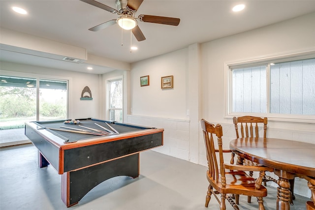 2520 Long Creek Ct, Granbury, TX 76049 - rec room with billiards, recessed lighting, finished concrete flooring, a ceiling fan, and visible vents
