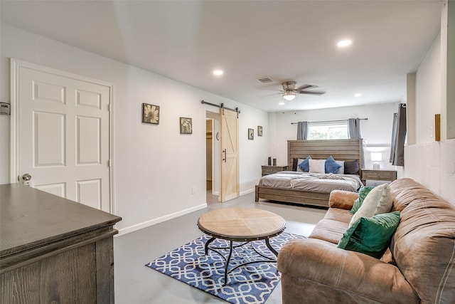 2520 Long Creek Ct, Granbury, TX 76049 - bedroom featuring baseboards, recessed lighting, a barn door, ceiling fan, and concrete flooring