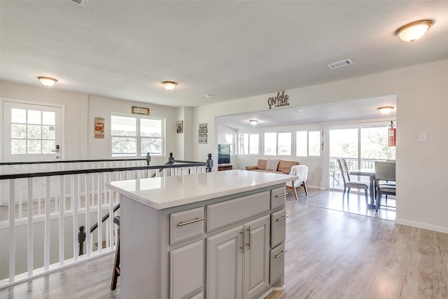 2520 Long Creek Ct, Granbury, TX 76049 - kitchen featuring light wood-style floors, visible vents, a center island, light countertops, and open floor plan