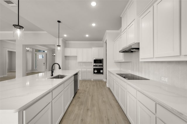 kitchen with white cabinets, a sink, appliances with stainless steel finishes, under cabinet range hood, and crown molding