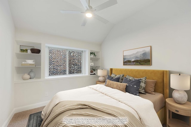 carpeted bedroom featuring ceiling fan, baseboards, and lofted ceiling