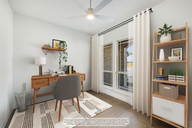 office area with baseboards, a ceiling fan, and wood finished floors