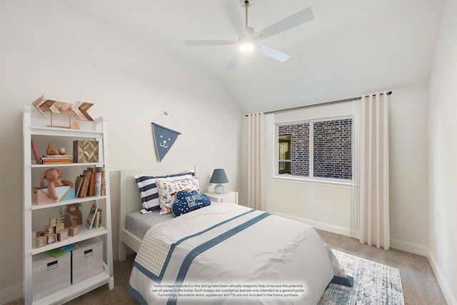 bedroom featuring carpet flooring, baseboards, a ceiling fan, and vaulted ceiling