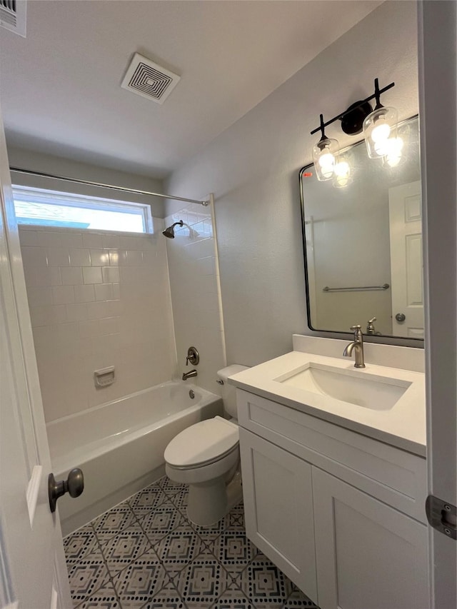 full bath with toilet, shower / bathtub combination, vanity, and visible vents