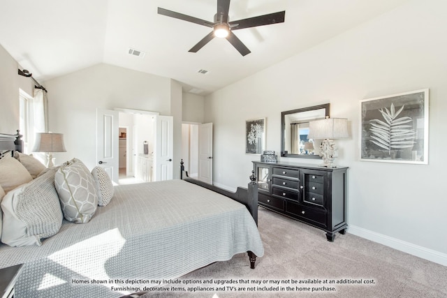 bedroom featuring ceiling fan, light colored carpet, vaulted ceiling, visible vents, and baseboards